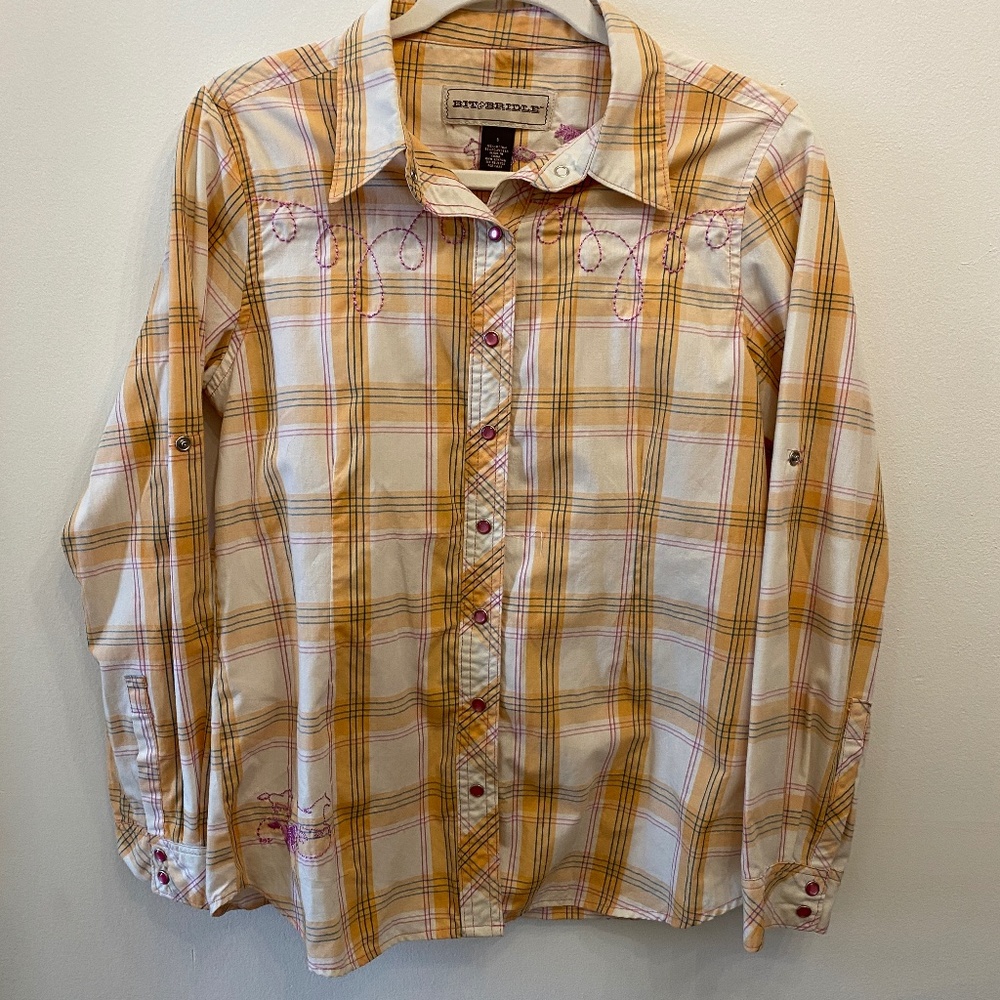 Bit & Bridle Pink Snaps Pink Embroidery Plaid Top